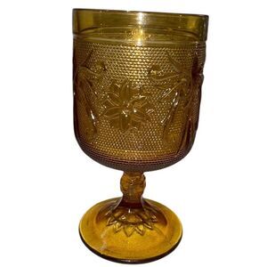 Vintage Depression Amber Glass Goblet Ornate‎ Floral Pattern